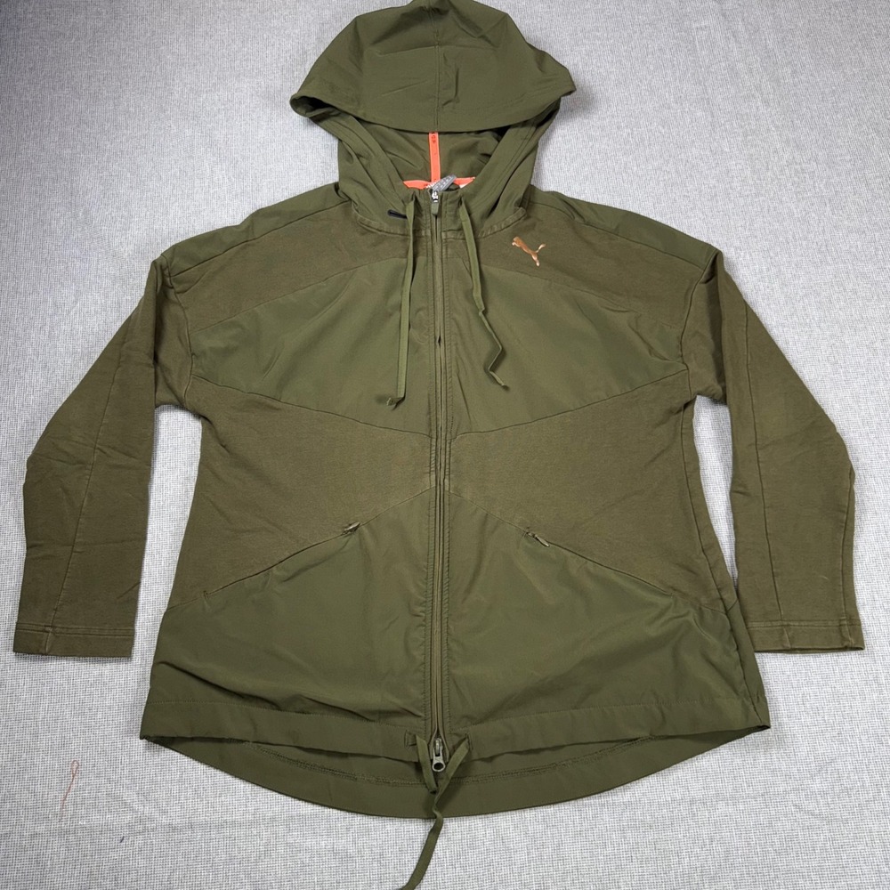 Puma Womens Olive Green Full Zip Hoodie Mixed Media Active Jacket XS TP
